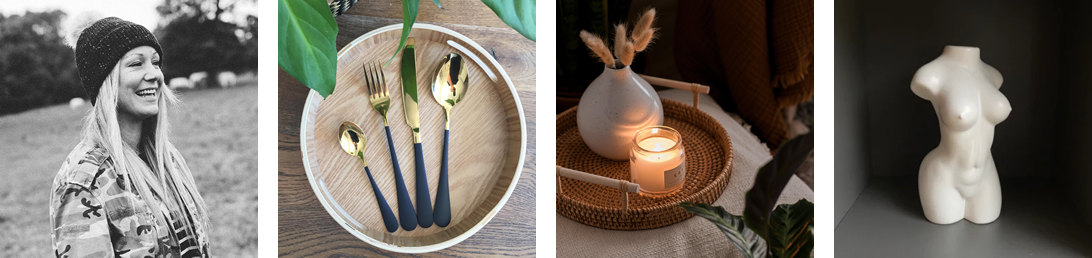 Melanie Carter of Curated Grey, Cutlery Sets, Handwoven Round Rattan Tray, Nude Ceramic Vase (credit Curated Grey)