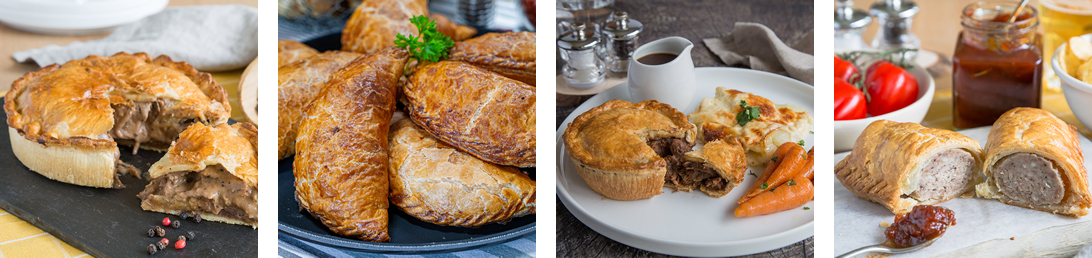 The Real Pie Co - Large Peppered Steak Pie, chicken pasty selection, Steak Stout Pie and Traditional-Sausage-Roll (credit The Real Pie Co)