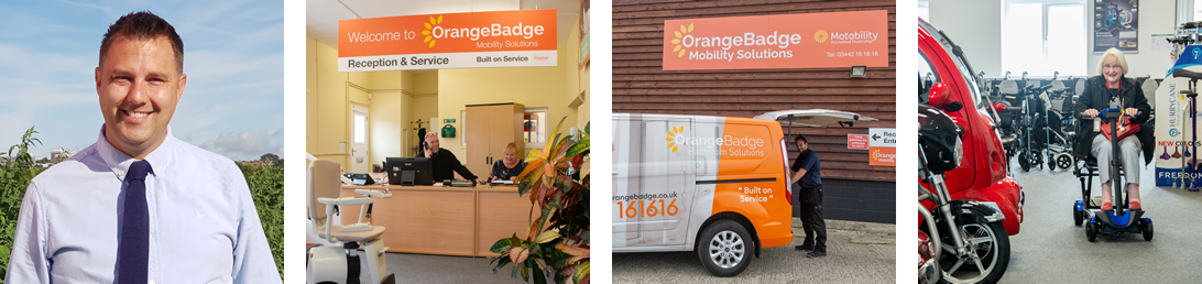 Orange Badge Mobility - Ben Gretzer of Orange Badge Mobility, reception team, delivery team and testing a mobility scooter in the showroom (credit Orange Badge Mobility)