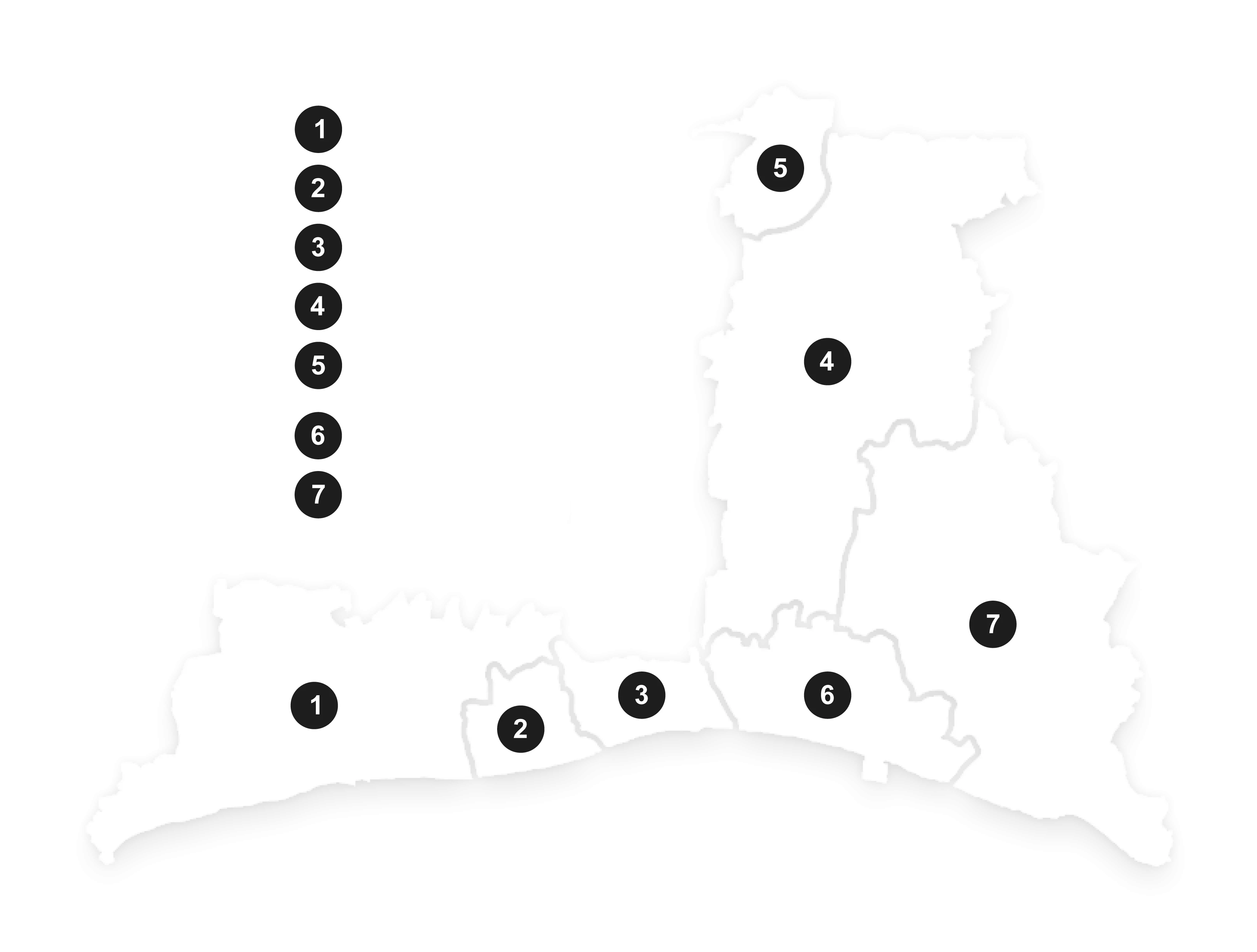GBEB region map (1 Arun, 2 Worthing, 3 Adur, 4, Mid Sussex, 5 Crawley, 6 Brighton & Hove, 7 Lewes)