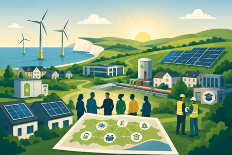 Graphic of Sussex and Brighton Energy Brief showing Sussex countryside and coastline and houses with solar panels and wind turbines in the distance